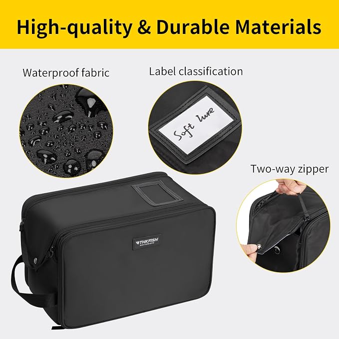 THKFISH Fishing Soft Plastic Bait Storage, Water-Resistant Extra-Large Clear Sleeves Tackle Bait Bag Storage For Lure Hooks, Sinkers & Fishing Accessories(Black)