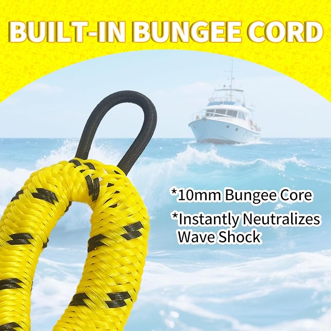 2-Pack Bungee Dock Lines for Boats with Loops, Boat Tie Downs for Docking, Adjustable Boat Mooring Rope for Pontoon, Jon Boat & PWC (Yellow & Black, 4 FT)