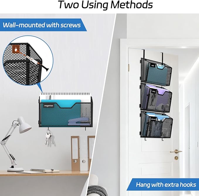 8 Pack Wall File Holder, Metal Mail Organizer Wall Mounted, Hanging File Organizer Over the Door Storage with 2 Hooks for Office, Home and School (with Label Panel)