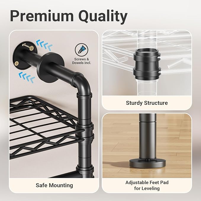 Timate L4 L Shape Garment Rack Heavy Duty Clothes Racks for Hanging Clothes, Expandable Industrial Pipe Clothing Rack Wall Mounted Closet Racks Wardrobe Closet Kit Corner Closet System, Black