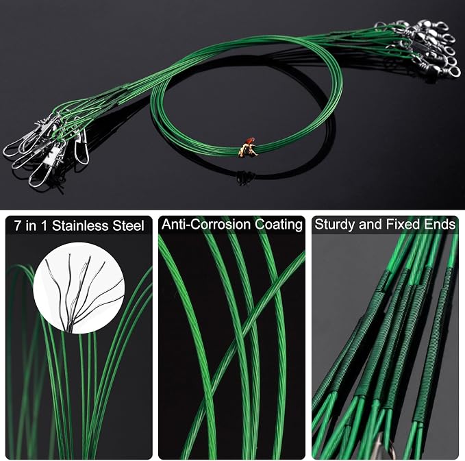 Realure 50Pcs Stainless Steel Fishing Leaders with Swivels Snap Connect Kit High Strength Fish Line Wire Leaders for Fishing Saltwater 4/6/8/10/12inch Fishing Wire Leader Line for Lure Bait Rig Hooks