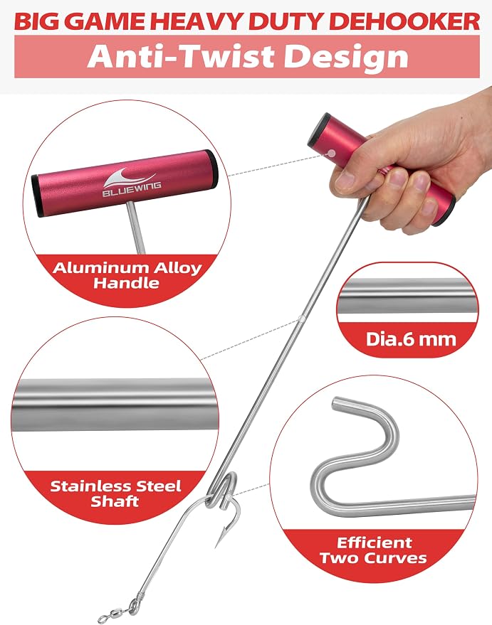 BLUEWING Fishing Hook Remover 12in/24in Stainless Steel Fish Dehooker Saltwater Push and Pull Dehooking Tool, Twist Resistance Design 1pc