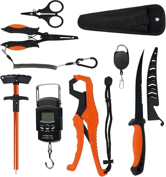 RAWILL Fishing Kit,Filleting Knife,Hook Remover,Fish Grip, Line Cutter,Fishing Scale, Pliers with Lanyards,Not Include Batteries