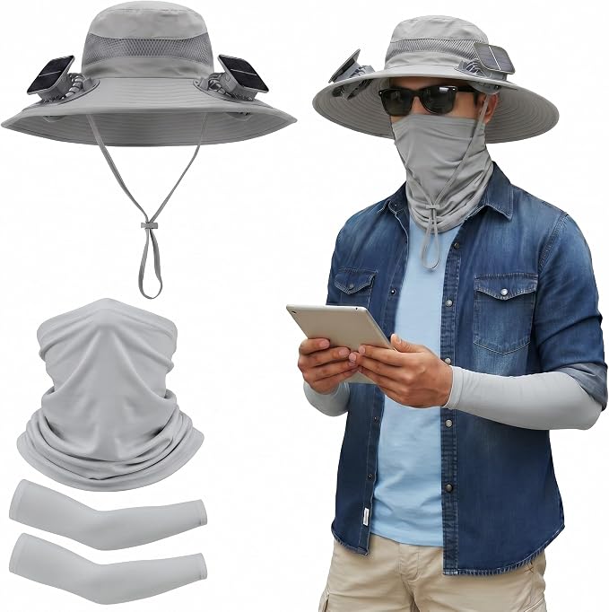 Syhood Solar Powered Fan Hat Neck Gaiter Arm Sleeves Sun Bucket Hat with Fan Cooling Wide Brim Hats for Fishing Hiking