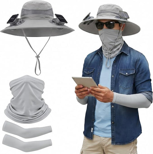 Syhood Solar Powered Fan Hat Neck Gaiter Arm Sleeves Sun Bucket Hat with Fan Cooling Wide Brim Hats for Fishing Hiking