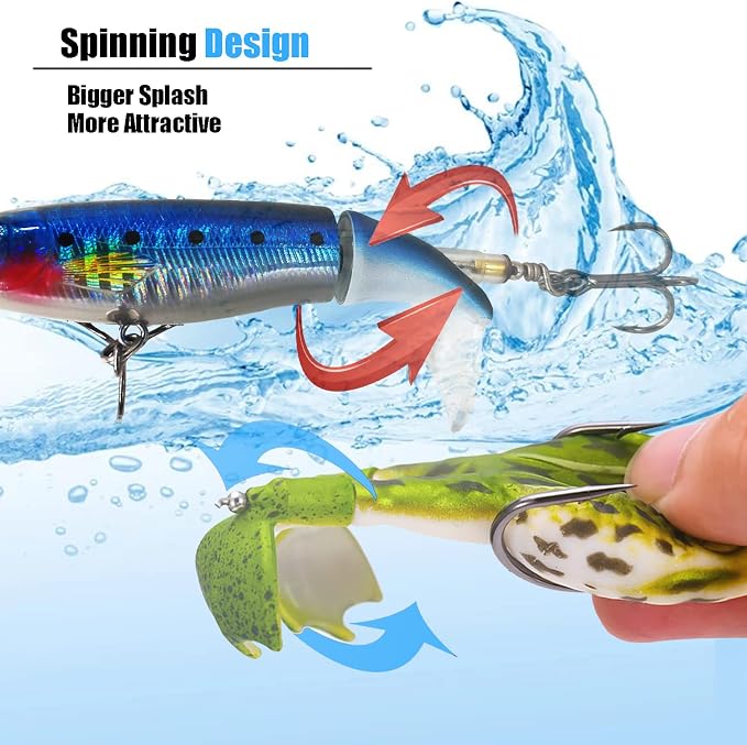 Topwater Bass Fishing Lure Kit, Plopping Propeller Tail Bigger Splash Whopping, Soft Plastic Frog Bait 3D Eyes Lifelike Body Pattern, for Bass Snakehead Musky Pike Walleye, 5 pcs…