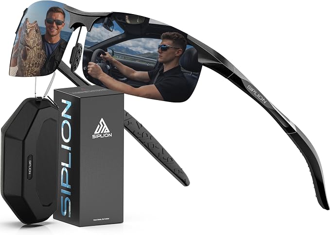 SIPLION Polarized Sunglasses Men Sports: UV Protection Ultra Light Al-Mg Metal Frame Ideal For Driving Fishing Running Golf