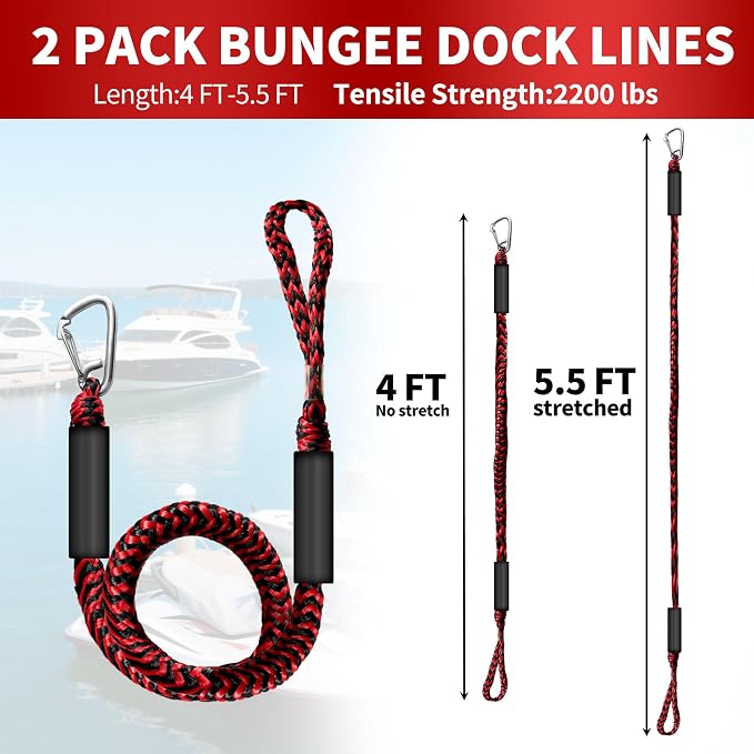 Bungee Dock Line with Stainless Steel Clip – Boat Dock Rope with Foam Float for Kayak, Canoe, Pontoon, Watercraft, SeaDoo, Docking – 4–5.5 ft, 2 Pack（Red&Black）
