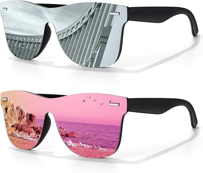 LINVO Trendy Polarized Mirrored Sunglasses Men Womens, Flat One Piece Reflective Shades for Driving Fishing UV400 Protection