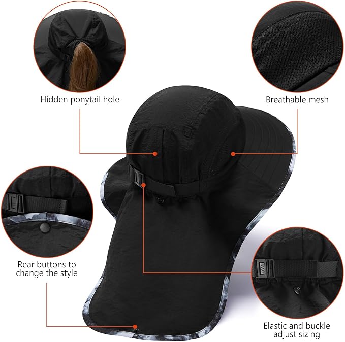 BASSDASH UPF 50+ Unisex Water Resistant Wide Brim Sun Hat with Large Neck Flap Ponytail Fishing Hat for Men Women