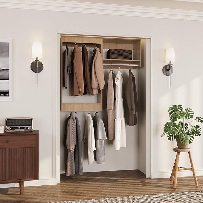 ROOMTEC Modular Closet System, 40" Wall-Mounted Closet Organizer with Hanging Rods, Wooden Tower for Walk-In Closets, Wardrobe Storage Kit, Wood