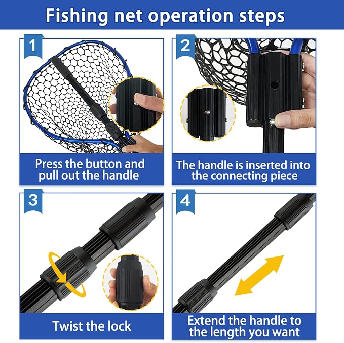 Telescoping Metal Lock Fishing Net Blue Aluminum Alloy Rubber Fish Net - Adjustable Length Lightweight Foldable Large Fishing Net with Handle Collapsible Extendable Fishing Accessories