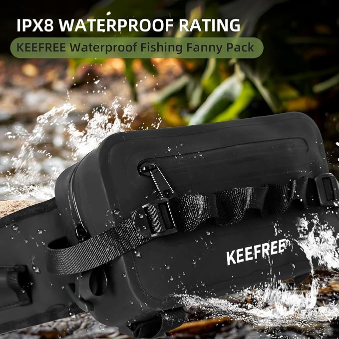 Waterproof Waist Bag with Fishing Rod Holder, Fanny Pack with Airtight Zipper Closure Multi-functional Lightweight Tackle Bag for Fly Fishing Outdoor Sports Camping Kayaking (Black)