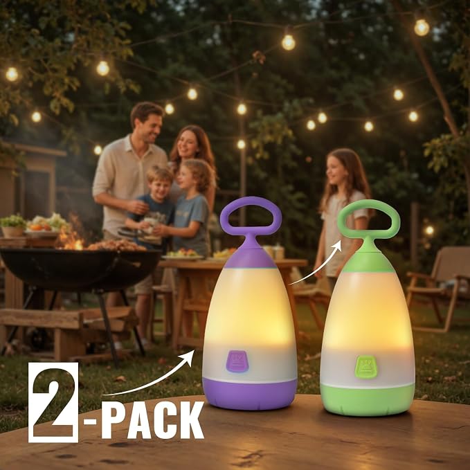 2-Pack Kids Camping Lantern & Night Light, Battery Powered, 360° Eye-Safe Light, IPX4 Waterproof RGB Portable for Slumber Party (Purple & Green, 6× AAA Included)