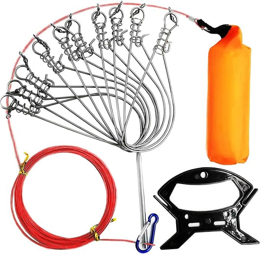 Fishing Stringer Live Fish Lock, Stainless Steel Fish Stringer Clip, Big Fish Wire Rope Cable with Float and Plastic Handle, Fishing Holder Kit with High Strength 10 Snaps/Buckles