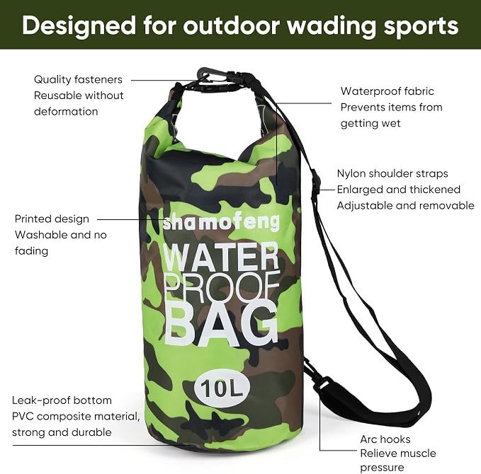 Waterproof Dry Bag 5L/10L/15L/20L/30L Roll Top Dry Storage Backpack with Phone Case, Collapsible Water Bottle, Sunglasses, Ear Band for Kayaking Boating Swimming Fishing Camping, Green 15L