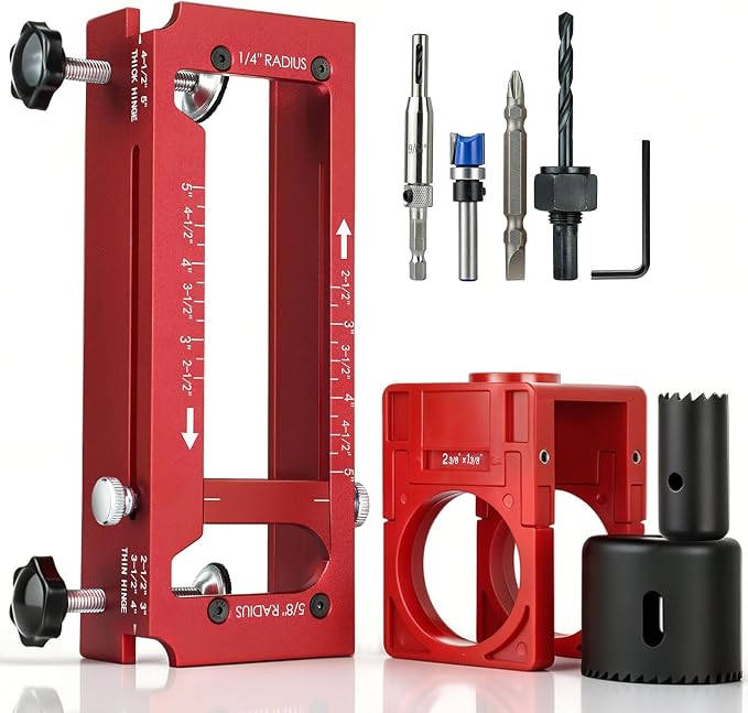 Door Hinge Jig & Lock Hole Drilling Kit – Adjustable Aluminum Router Template for Hinge Mortising (2.5"-5", 1/4"R, 5/8"R, Square Corner) – For 1-3/8" & 1-3/4" Thick Doors
