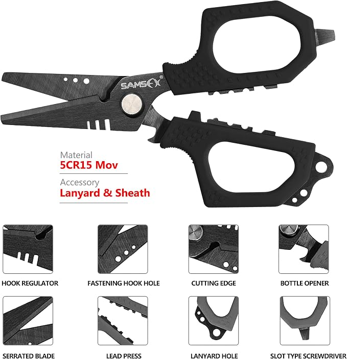 SAMSFX 6.5in Fishing Scissors with Non-Slip Grip Handles and Micro Serrated Edges, Multi-Function Shears with Nylon Sheath