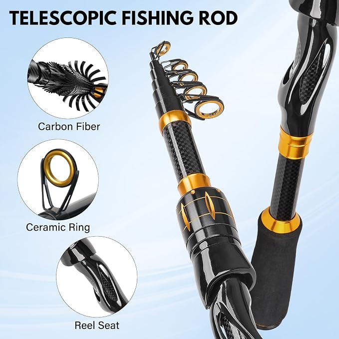 THKFISH Telescoping Fishing Rod and Reel Combo with Backpack, Carbon Fiber Travel Fishing Pole Spinning Reel Kit with Fishing Lures, Fishing Tools Kit for Men