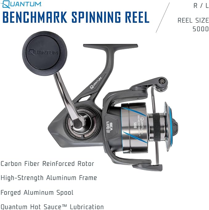 Quantum Benchmark Spinning Fishing Reel, 5+1 Bearings, Aluminum Frame, SEALOQ 6 Protection, GEARTEQ Machined Gears, CFX200 Carbon Fiber Drag, Silver/Blue