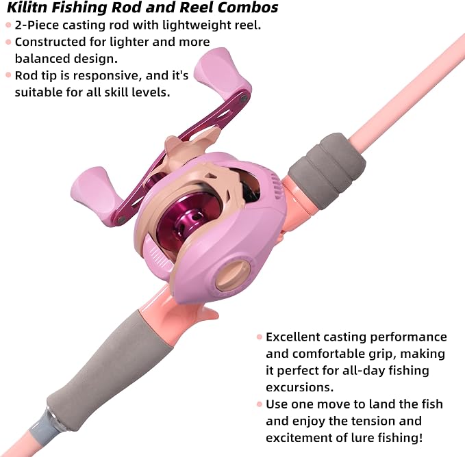 Kilitn Fishing Rod and Reel Combo, Pink Color Baitcasting Combo Baitcast Reel, 2-Piece Baitcaster Rod, Durable Fiberglass with Comfortable EVA Handle for Girl, Woman, or Beginner