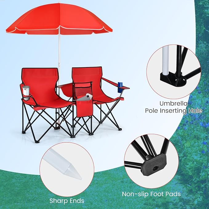 Tangkula Double Camping Chairs with Umbrella, Portable 2 Seat Folding Camp Chair with Cooler Bag, Beverage Holder, Carrying Bag, Foldable Lawn Chair for Outside, Fishing, Picnic, Beach