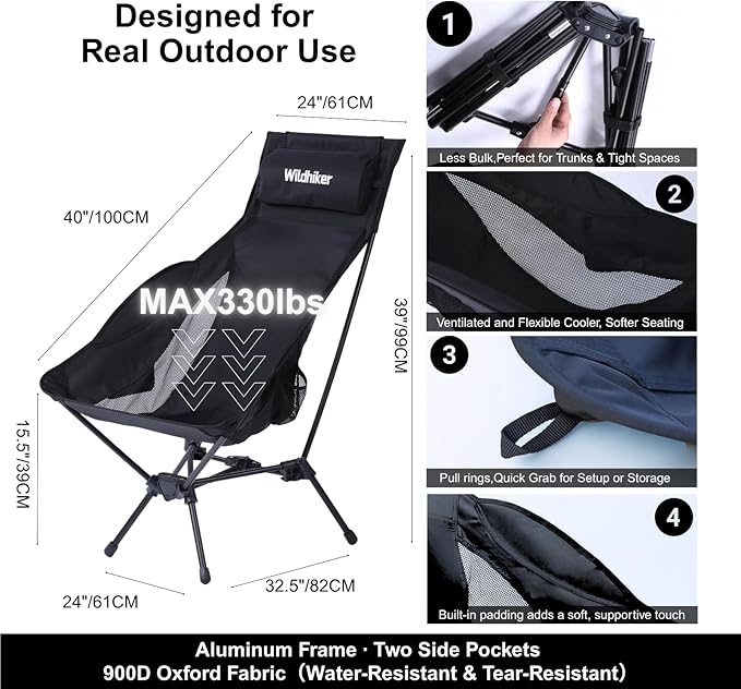 Wildhiker Portable Compact Folding Camping Chairs – Lightweight High Back with Pillow, Deep Recline, ArmPads, Side Pockets-for Motorcycle, RV, Backpacking, Travel, Festival – Black 2PCS
