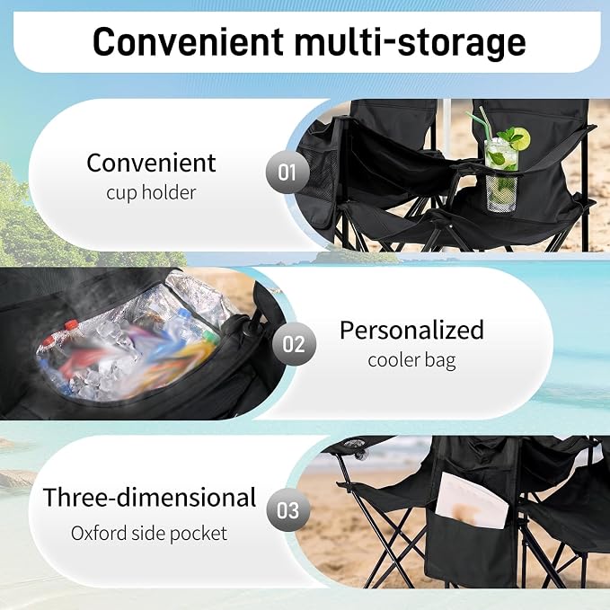 XL Double Folding Camping Chair with Removable Umbrella, Heavy Duty 480lbs Capacity Portable Love Seat with Cooler Bag, Cup Holders & Side Pocket for Beach, Fishing, Picnic, Black