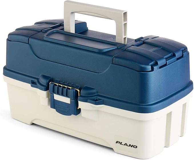 Plano Three-Tray Tackle Box, Blue/White, Rust-Proof Brass Latch, Top-Access Tray with Deep Storage, Made in the USA, Portable Fishing Gear Storage Organizer