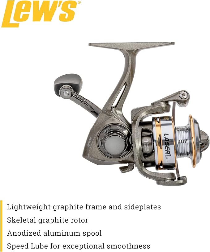 Lew's Laser Lite Spinning Fishing Reel, 6+1 Bearings, Graphite Frame and Sideplate, Speed Lube, Multi-Disc Drag