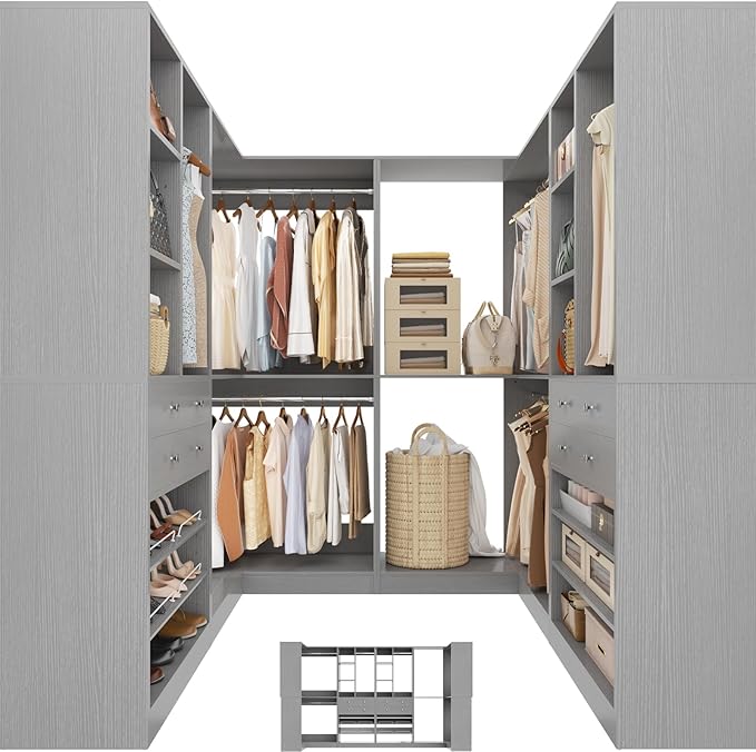 Closet System with 4 Drawers & Corner Tower, Closet Organizer System with 4 Hanging Robs, Reversible U Shaped Walk-in Closet System, Load 2600+LBS Capacity, Set of 4, Morandi Grey