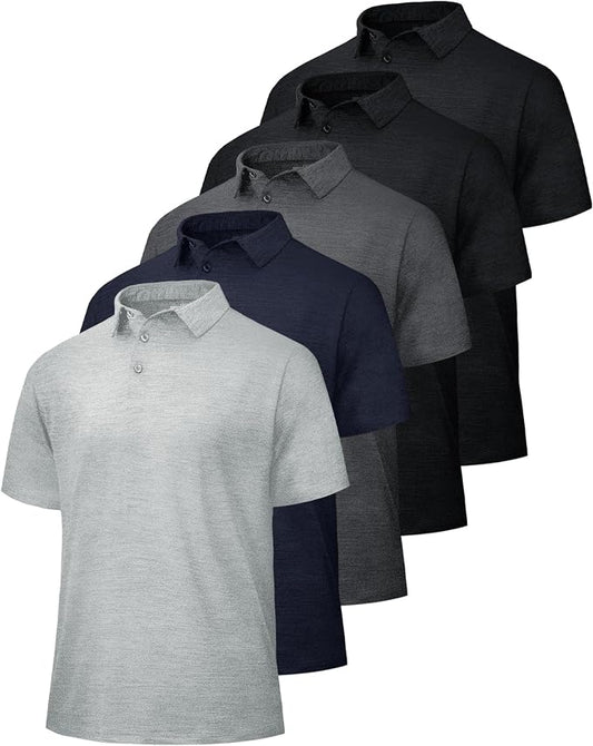 BOOJO 5 Pack Polo Shirts for Men - Quick Dry Moisture Wicking Performance Short Sleeve Mens Golf Shirts for Work Athletic