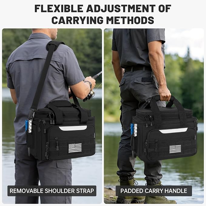 20L Fishing Tackle Bag Empty, Fits 3400-3600 & 4007 Lure Boxes, Water Resistant Fishing Gear Storage Bag, Portable Padded Shoulder Strap Bag for Saltwater Freshwater, Black