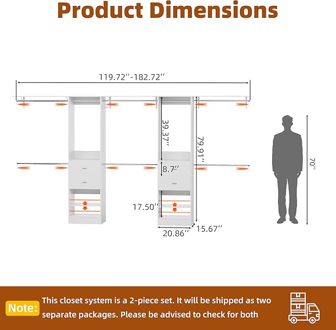 Closet System Set of 2, Closet Organizer System With 4 Wood Drawers, Walk-In Closet Storage System With 10 Hanging Rods, Adjustable Cloth Garment Rack, Fits Spaces 6Ft-14Ft, White