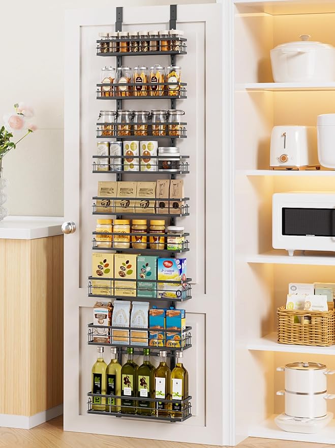 Delamu 9 Tier Over The Door Pantry Organizer, Pantry Organization and Storage, Hanging Spice Rack for Pantry Door Organizer, Metal Pantry Door Shelves for Kitchen Bathroom Laundry Room,15.3" Black