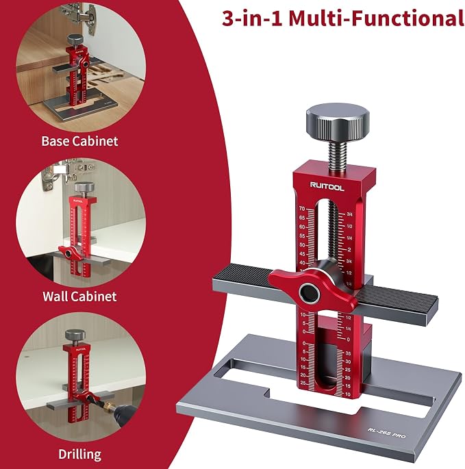 RUITOOL Upgrade 3-in-1 Cabinet Door Mounting Jig with Support Base, Installation Tool for Frameless or Face Frame Cabinet Doors, Adjustable Aluminium Alloy Hardware Jig for Wall and Base Cabinets
