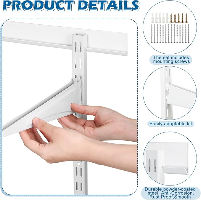 Blulu 2 Pcs 47.5 Inch Shelf Rails Bracket Dual-track Upright Wall Shelving System with 1 Pcs 40 Inch Rail Hardware White Heavy-duty Steel Wall Standard Shelf System for Home Laundry Pantry Closet