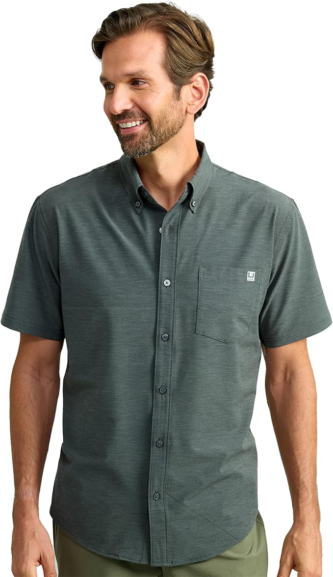 HUK Mens Kona Solid Short Sleeve Fishing Button Down Shirt for Men, Fresh Salmon, 3X-Large