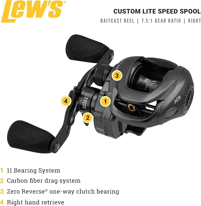 Lew's Custom Lite SS Baitcast Fishing Reel, 10+1 Double Shielded Bearings, Super Shallow 30 mm Spool, Tanso Tech Frame, Carbon Fiber Drag, Carbon Gray