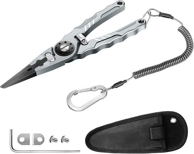 7.8" Lockable Saltwater Fishing Pliers, Aviation-grade Aluminum & Tungsten Cutters | Corrosion-Proof, with Replaceable Blades Set, Fishing Gear Gifts for Men, Adults, Kids