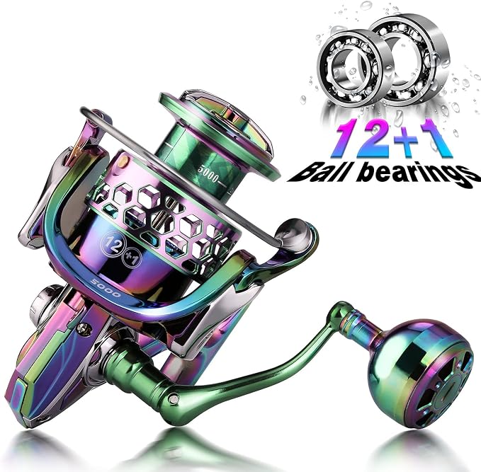 Sougayilang Fishing Reel, Colorful Aluminum Frame Spinning Reels with - 12+1 Stainless BB, Oversize Aluminum Handle for Saltwater or Freshwater Fishing