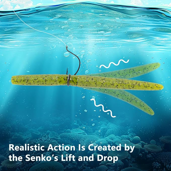 Senko Bait Soft Plastic Lures 5" Senkos 24 Pcs/100pcs for Wacky Rig Freshwater Fishing Green Pumpkin senko with Black Flake Pink Watermelon Double Color