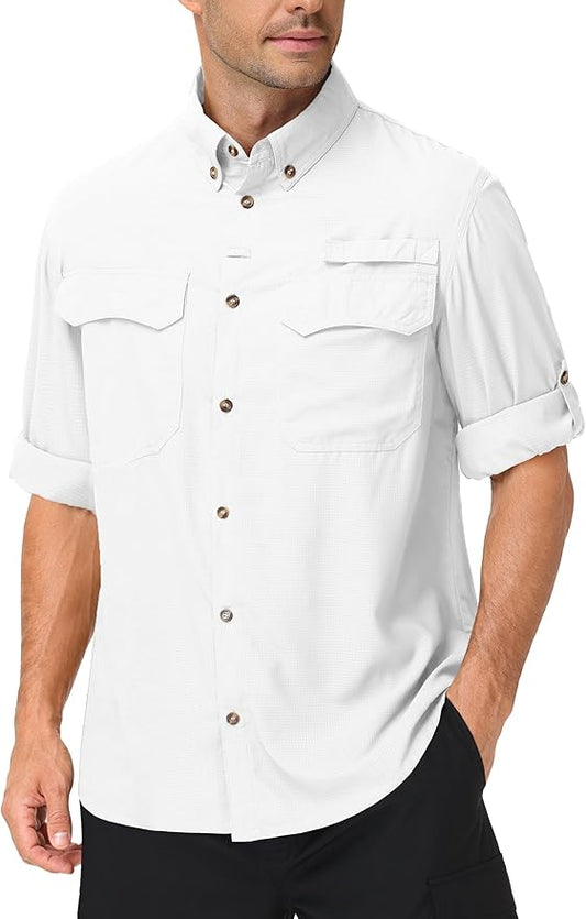 Roadbox Men's Sun Protection Fishing Shirt, Long Sleeve Cool Dry Lightweight UPF 50+ Shirts for Hiking Safari Camping Travel