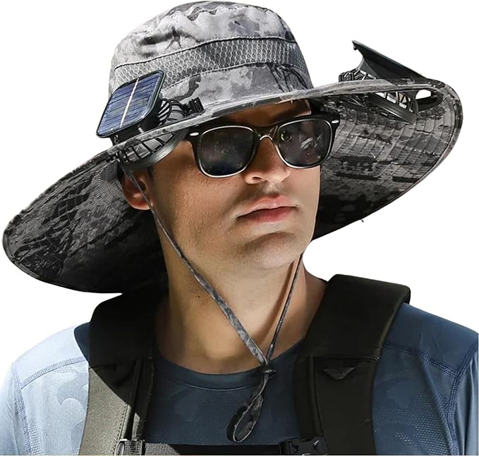 Outdoor Wide Brim Sun Hat with 2 Solar Fan Sun Bucket Hat for Men Women UPF 50+ Bucket Fishing & Beach Hat with Fan Built in
