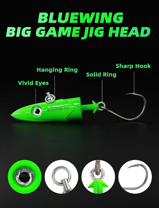 BLUEWING Jig Heads Saltwater 2oz,3oz,4oz,5oz,6oz,7oz Swimming Jigheads 1pc with High Carbon Steel Swing Hook and 6in/9in Replacement Tail Big Game Fishing Lures
