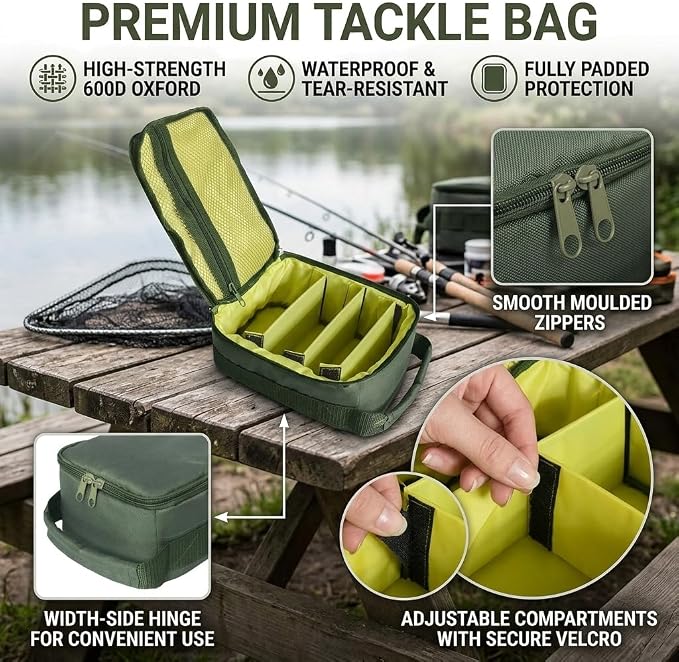 Fishing Tackle Bag Waterproof Fishing Bags Portable Fishing Reel & Gear Bag with 3 Adjustable Dividers for Spinning Baitcasting Fly Reels (Army Green)