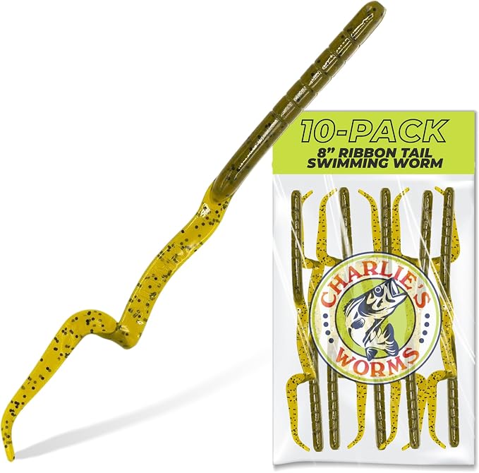 Charlie's Worms Artificial Fishing Bait 8" Ribbon Tail Swimming Worm, Freshwater Saltwater Bass Soft Lures Scented 10pk