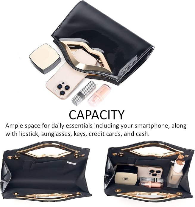 DETARA Patent Leather Evening Clutch Purse for Women Lip Metal Grip Handle Handbag for Cocktail Party Prom