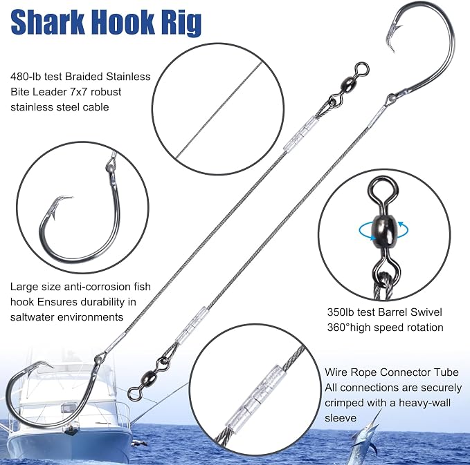 2 Pack Pre-Tied Shark Fishing Hook Rigs Heavy Duty Stainless Leader Wire and Big Game Circle Hooks 14/0 16/0 18/0 Ideal for Deep Sea Fishing Shark Tuna Halibut