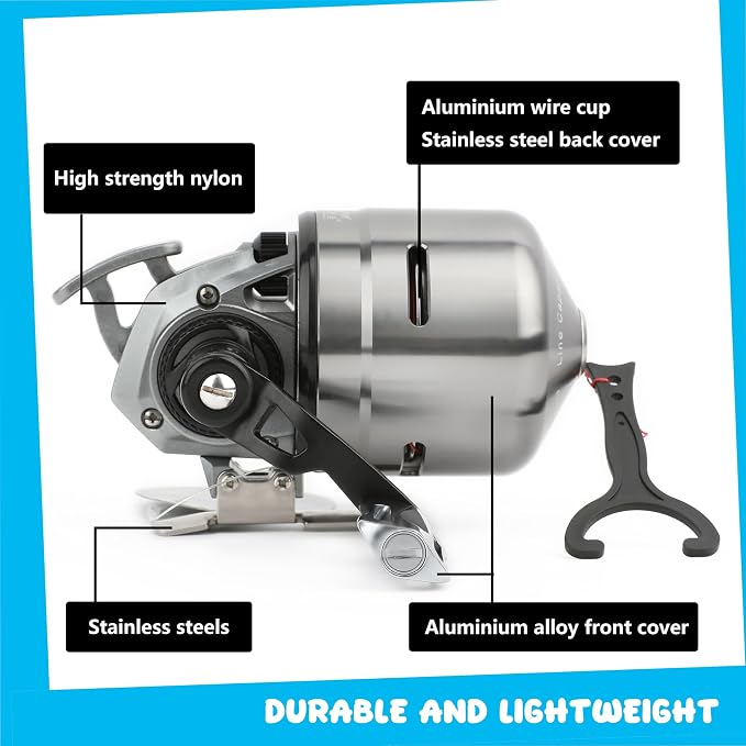 AMEYXGS MPX39 Bowfishing Reel for Archery Hungting Bow Fishing, Stainless Steel and Aluminium, Left/Right Reversible Handle, 3.875:1 Gear Ratio, Strong Line 4# 85 Yards 0.32mm/50lb